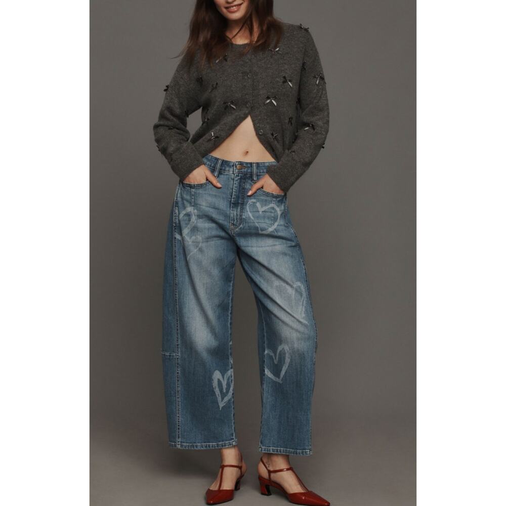 Anthropologie Pilcro Kenna Mid-Rise Heritage Barrel Jeans Icon Hearts Size 30 - Picture 14 of 16